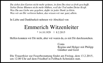 Traueranzeige von Emmerich Witzenleiter von Stuttgarter Zeitung / Stuttgarter Nachrichten