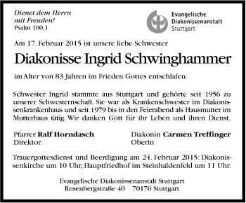 Traueranzeige von Ingrid Schwinghammer von Stuttgarter Zeitung / Stuttgarter Nachrichten