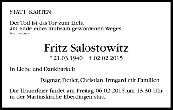 Traueranzeige von Fritz Salostowitz von Stuttgarter Zeitung / Stuttgarter Nachrichten