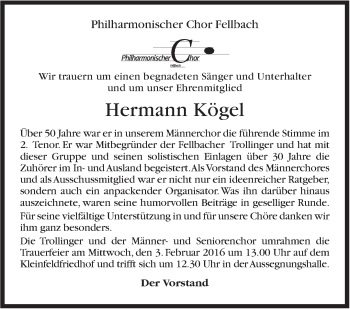 Traueranzeige von Hermann Kögel von Stuttgarter Zeitung / Stuttgarter Nachrichten