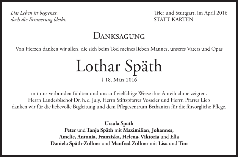  Traueranzeige für Lothar Späth vom 09.04.2016 aus Stuttgarter Zeitung / Stuttgarter Nachrichten