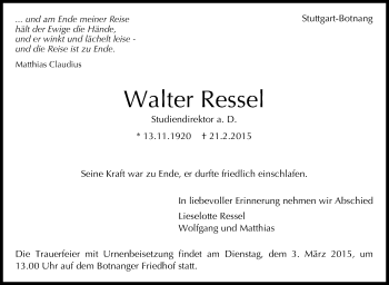 Traueranzeige von Walter Ressel von Stuttgarter Zeitung / Stuttgarter Nachrichten