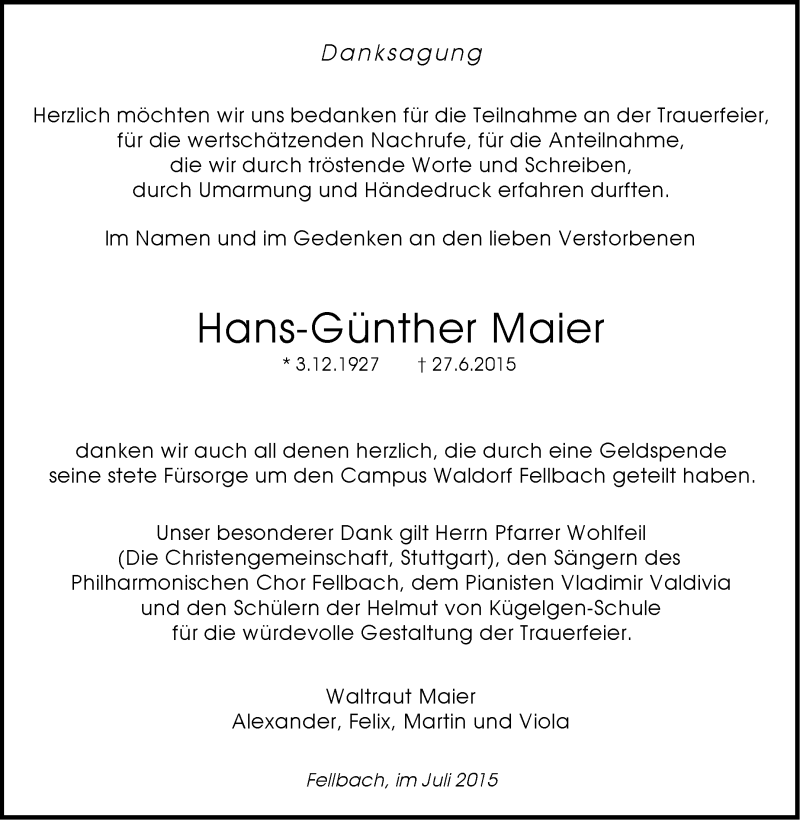  Traueranzeige für Hans-Günther Maier vom 31.07.2015 aus Stuttgarter Zeitung / Stuttgarter Nachrichten
