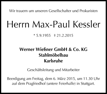 Traueranzeige von Max-Paul Kessler von Stuttgarter Zeitung / Stuttgarter Nachrichten
