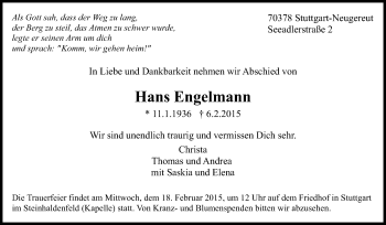 Traueranzeige von Hans Engelmann von Stuttgarter Zeitung / Stuttgarter Nachrichten