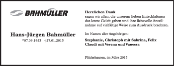 Traueranzeige von Hans-Jürgen Bahnmüller von Stuttgarter Zeitung / Stuttgarter Nachrichten