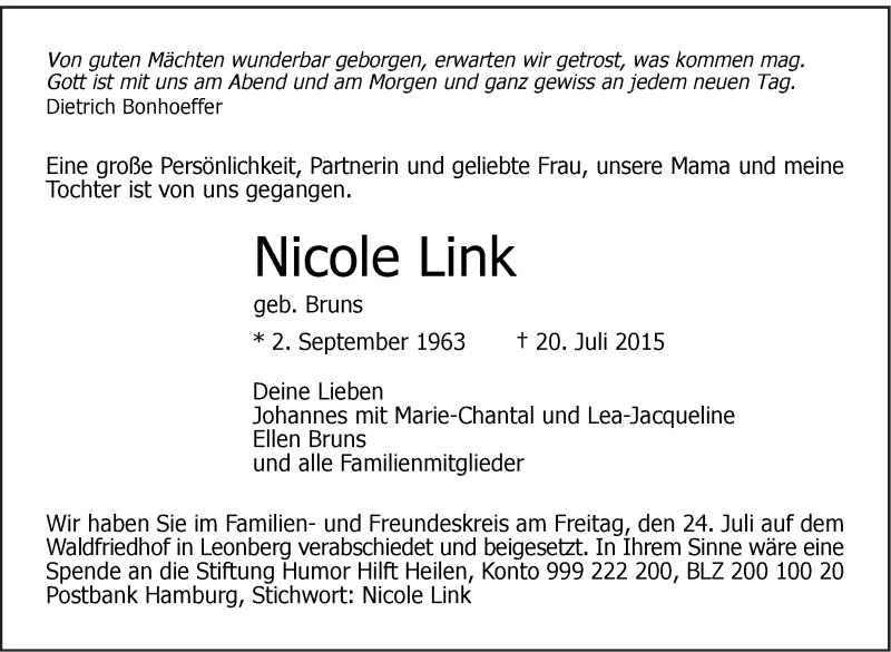  Traueranzeige für Nicole Link vom 25.07.2015 aus Stuttgarter Zeitung / Stuttgarter Nachrichten