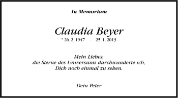 Traueranzeige von Claudia Beyer von Stuttgarter Zeitung / Stuttgarter Nachrichten