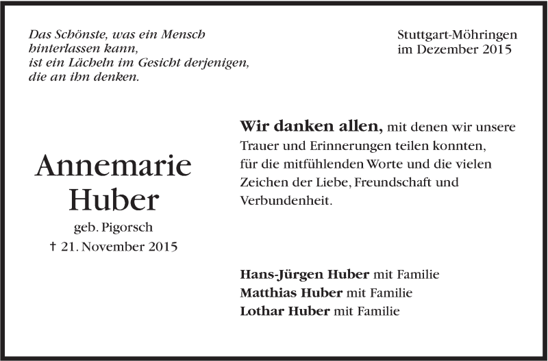  Traueranzeige für Annemarie Huber vom 09.12.2015 aus Stuttgarter Zeitung / Stuttgarter Nachrichten