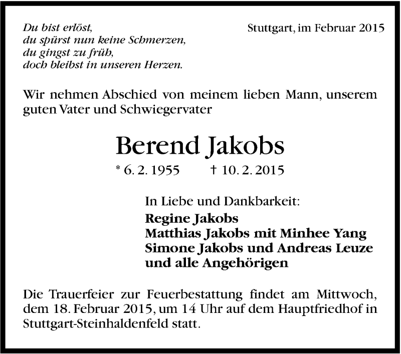  Traueranzeige für Berend Jakobs vom 14.02.2015 aus Stuttgarter Zeitung / Stuttgarter Nachrichten