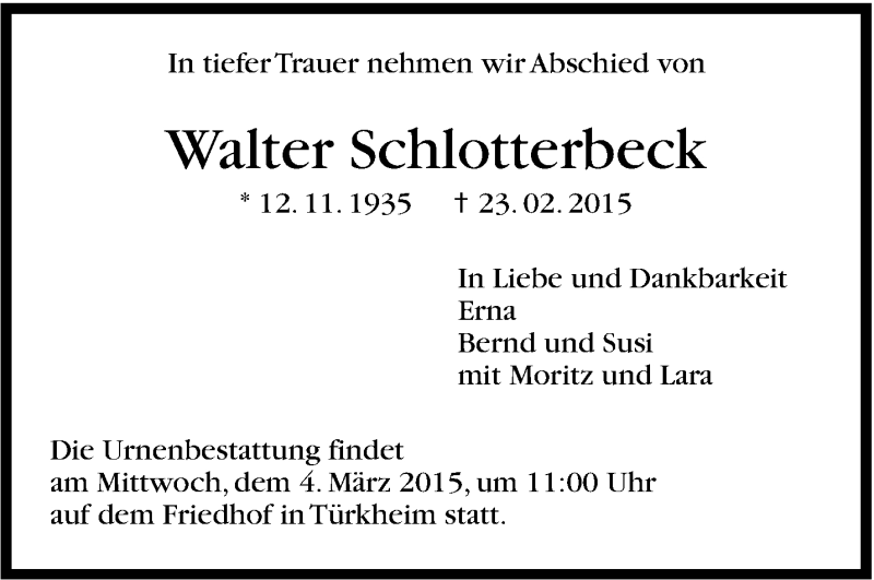  Traueranzeige für Walter Schlotterbeck vom 27.02.2015 aus Stuttgarter Zeitung / Stuttgarter Nachrichten