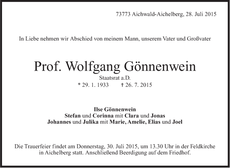  Traueranzeige für Wolfgang Gönnenwein vom 28.07.2015 aus Stuttgarter Zeitung / Stuttgarter Nachrichten