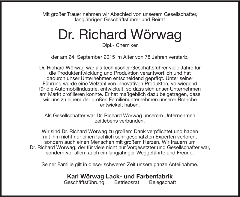  Traueranzeige für Richard Wörwag vom 30.09.2015 aus Stuttgarter Zeitung / Stuttgarter Nachrichten
