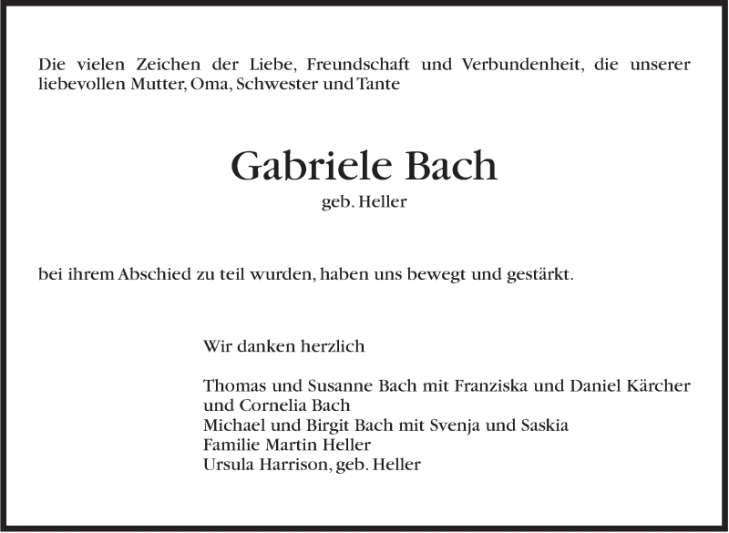  Traueranzeige für Gabriele Bach vom 20.05.2015 aus Stuttgarter Zeitung / Stuttgarter Nachrichten