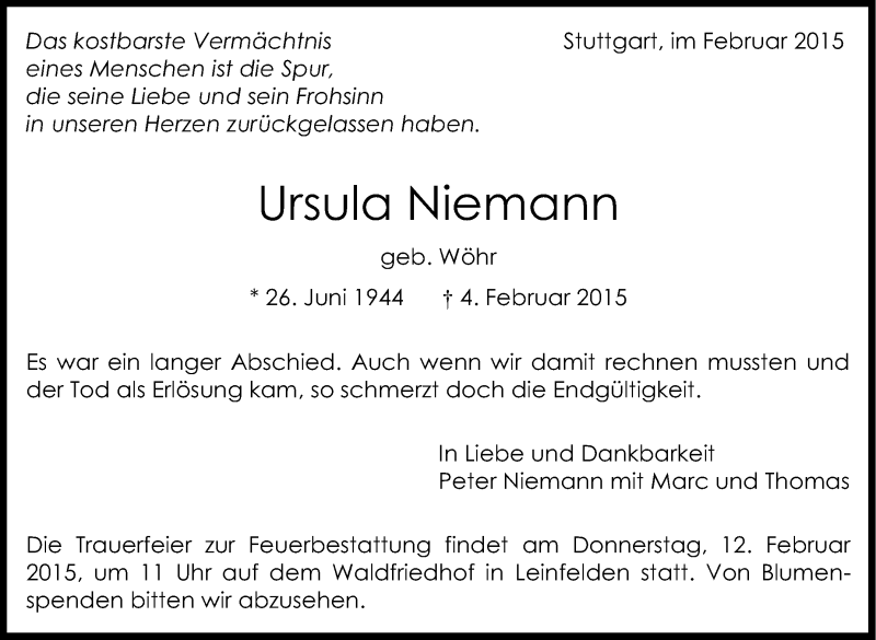  Traueranzeige für Ursula Niemann vom 07.02.2015 aus Stuttgarter Zeitung / Stuttgarter Nachrichten