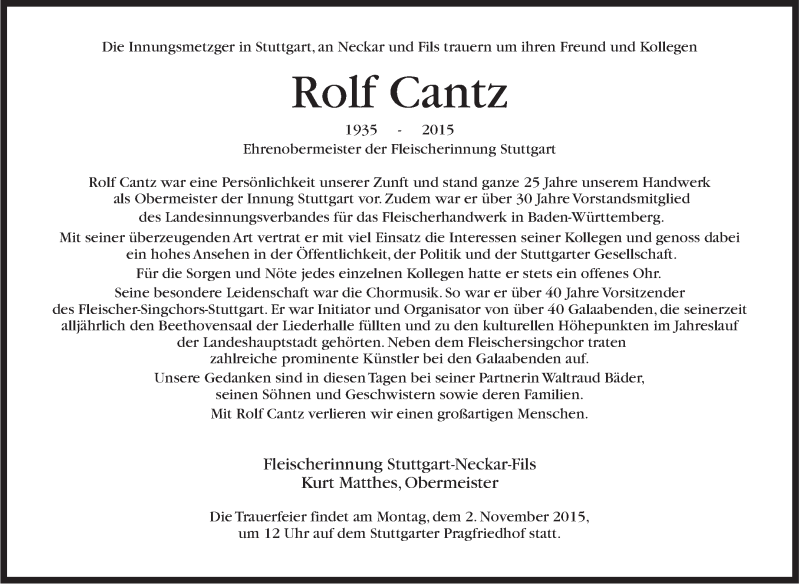  Traueranzeige für Rolf Cantz vom 31.10.2015 aus Stuttgarter Zeitung / Stuttgarter Nachrichten