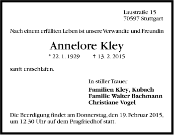 Traueranzeige von Annelore Kley von Stuttgarter Zeitung / Stuttgarter Nachrichten