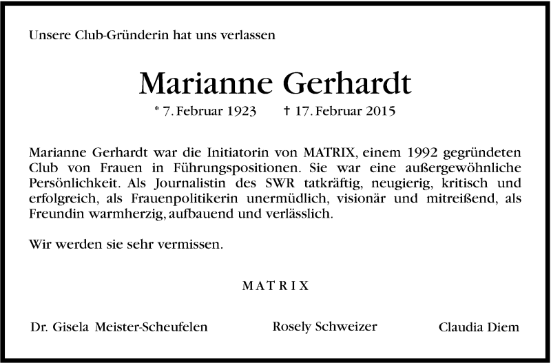  Traueranzeige für Marianne Gerhardt vom 21.02.2015 aus Stuttgarter Zeitung / Stuttgarter Nachrichten