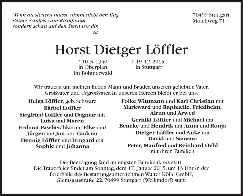  Traueranzeige für Horst Dietger Löffler vom 28.12.2015 aus Stuttgarter Zeitung / Stuttgarter Nachrichten