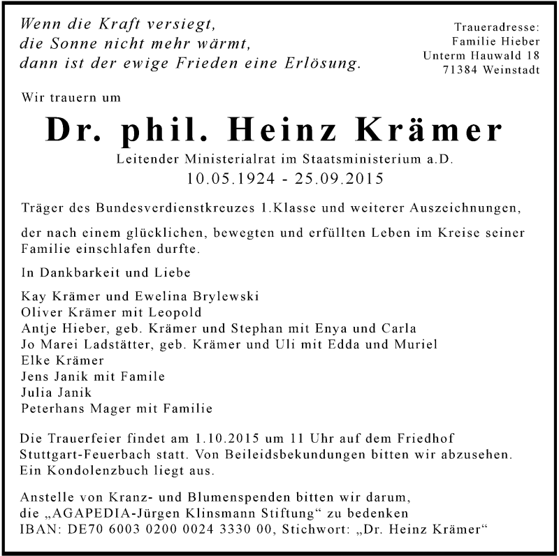  Traueranzeige für Heinz Krämer vom 26.09.2015 aus Stuttgarter Zeitung / Stuttgarter Nachrichten