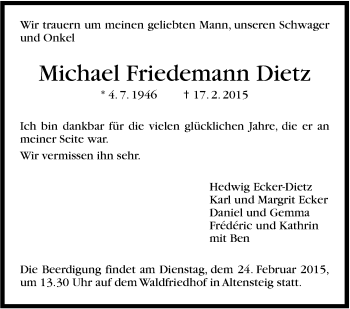 Traueranzeige von Michael Friedemann Dietz von Stuttgarter Zeitung / Stuttgarter Nachrichten