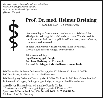 Traueranzeige von Helmut Breining von Stuttgarter Zeitung / Stuttgarter Nachrichten