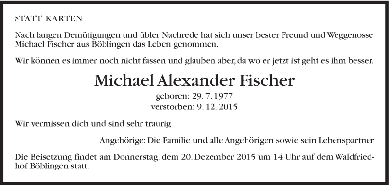  Traueranzeige für Michael Alexander Fischer vom 11.12.2015 aus Stuttgarter Zeitung / Stuttgarter Nachrichten