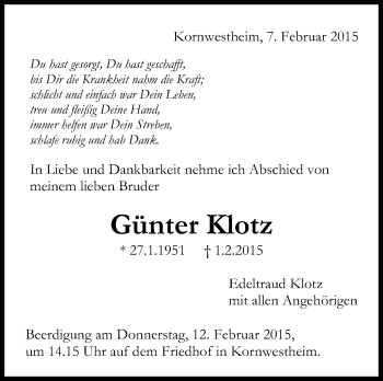 Traueranzeige von Günter Klotz von Stuttgarter Zeitung / Stuttgarter Nachrichten