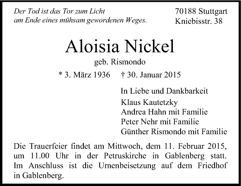  Traueranzeige für Aloisia Nickel vom 06.02.2015 aus Stuttgarter Zeitung / Stuttgarter Nachrichten