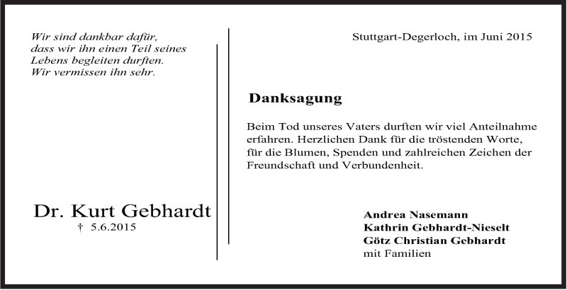  Traueranzeige für Kurt Gebhardt vom 20.06.2015 aus Stuttgarter Zeitung / Stuttgarter Nachrichten