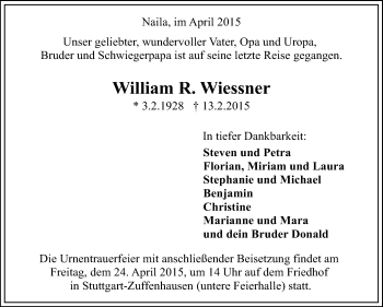 Traueranzeige von William Wiessner von Stuttgarter Zeitung / Stuttgarter Nachrichten