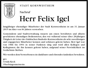 Traueranzeige von Felix Igel von Stuttgarter Zeitung / Stuttgarter Nachrichten
