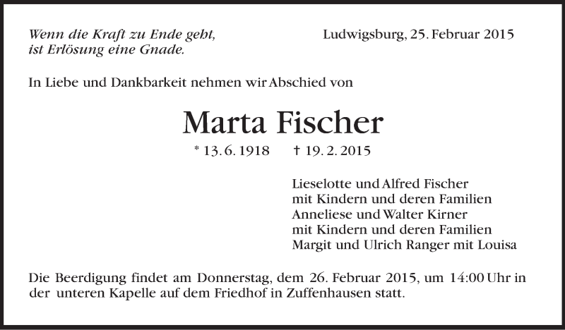  Traueranzeige für Marta Fischer vom 25.02.2015 aus Stuttgarter Zeitung / Stuttgarter Nachrichten
