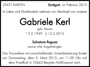Traueranzeige von Gabriele Kerl von Stuttgarter Zeitung / Stuttgarter Nachrichten