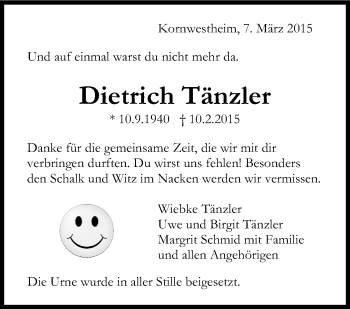 Traueranzeige von Dietrich Tänzler von Stuttgarter Zeitung / Stuttgarter Nachrichten