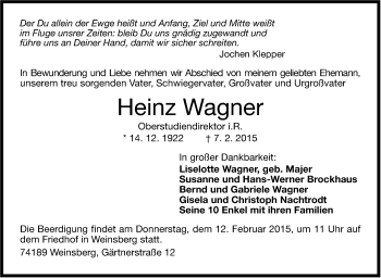 Traueranzeige von Heinz Wagner von Stuttgarter Zeitung / Stuttgarter Nachrichten