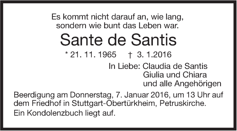  Traueranzeige für Sante de Santis vom 05.01.2016 aus Stuttgarter Zeitung / Stuttgarter Nachrichten