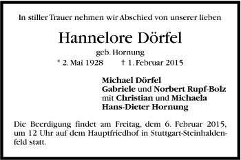 Traueranzeige von Hannelore Dörfel von Stuttgarter Zeitung