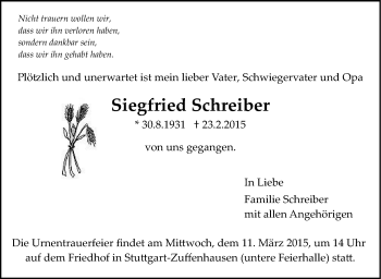 Traueranzeige von Siegfried Schreiber von Stuttgarter Zeitung / Stuttgarter Nachrichten