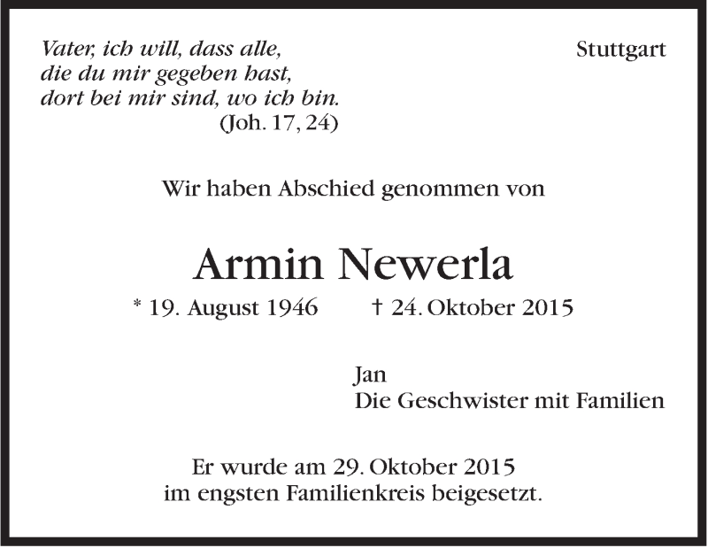  Traueranzeige für Armin Newerla vom 31.10.2015 aus Stuttgarter Zeitung / Stuttgarter Nachrichten