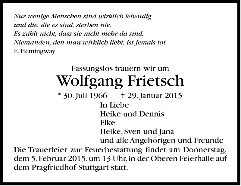  Traueranzeige für Wolfgang Frietsch vom 03.02.2015 aus Stuttgarter Zeitung / Stuttgarter Nachrichten