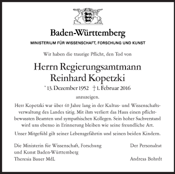 Traueranzeige von Reinhard Kopetzki von Stuttgarter Zeitung / Stuttgarter Nachrichten