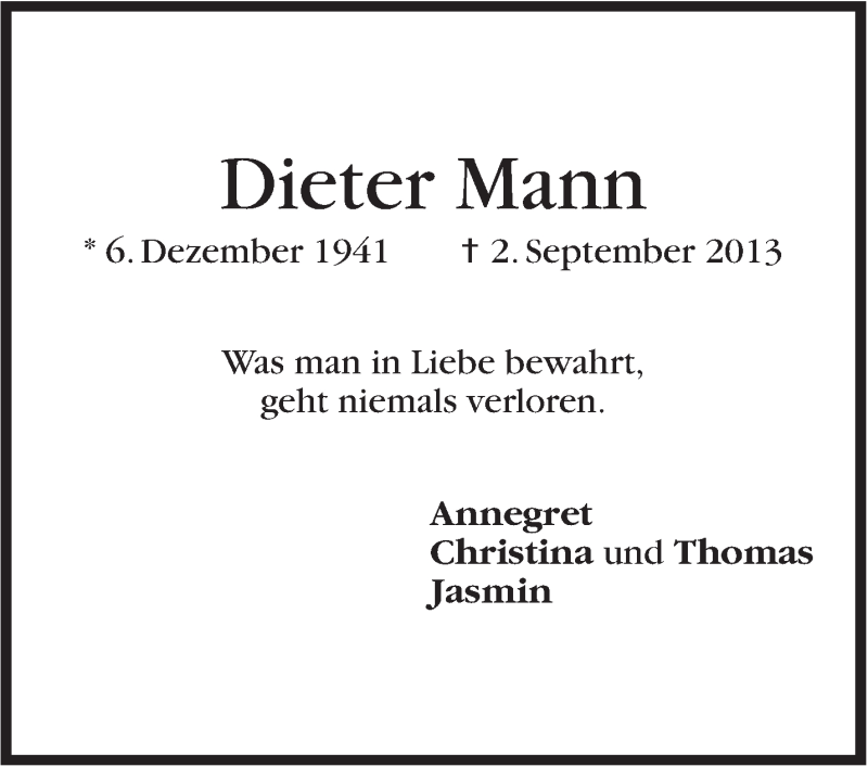  Traueranzeige für Dieter Mann vom 02.09.2015 aus Stuttgarter Zeitung / Stuttgarter Nachrichten