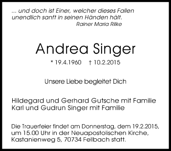 Traueranzeige von Andrea Singer von Stuttgarter Zeitung / Stuttgarter Nachrichten