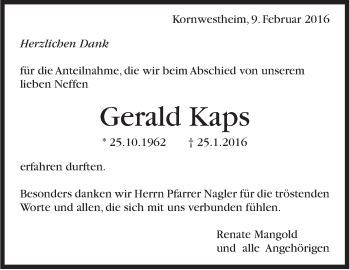 Traueranzeige von Gerald Kaps von Stuttgarter Zeitung / Stuttgarter Nachrichten