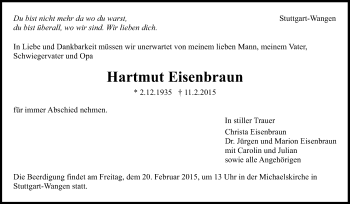 Traueranzeige von Hartmut Eisenbraun von Stuttgarter Zeitung / Stuttgarter Nachrichten