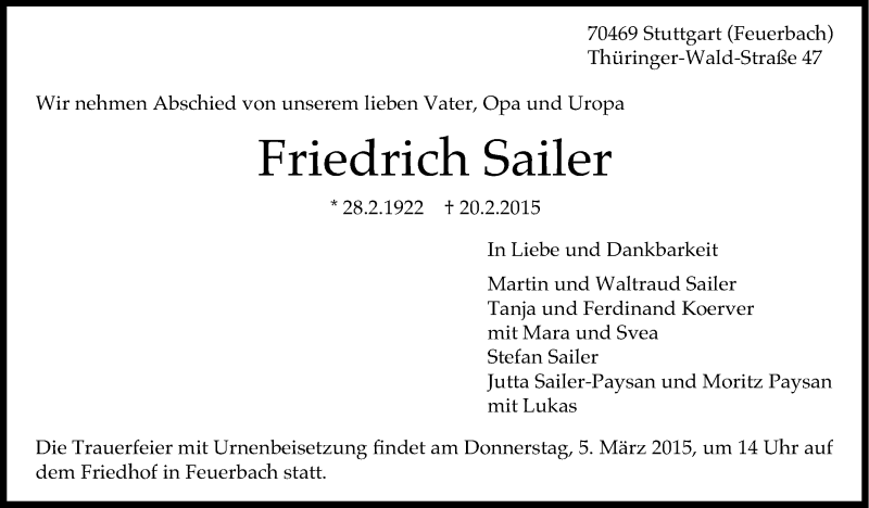  Traueranzeige für Friedrich Sailer vom 28.02.2015 aus Stuttgarter Zeitung / Stuttgarter Nachrichten