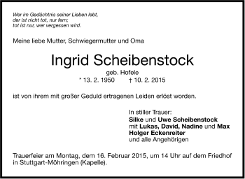 Traueranzeige von Ingrid Scheibenstock von Stuttgarter Zeitung / Stuttgarter Nachrichten