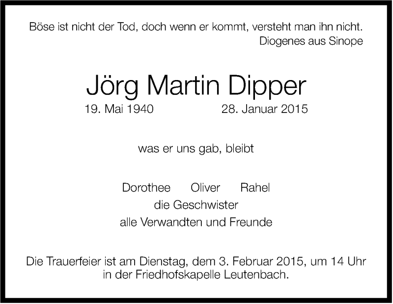 Traueranzeige für Martin Dipper vom 31.01.2015 aus Stuttgarter Zeitung / Stuttgarter Nachrichten