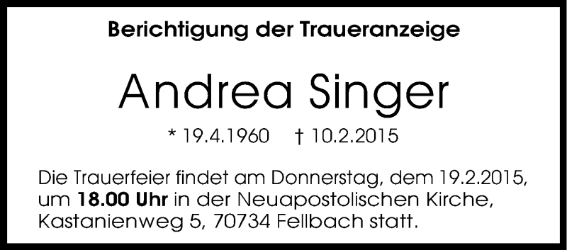  Traueranzeige für Andrea Singer vom 18.02.2015 aus Stuttgarter Zeitung / Stuttgarter Nachrichten